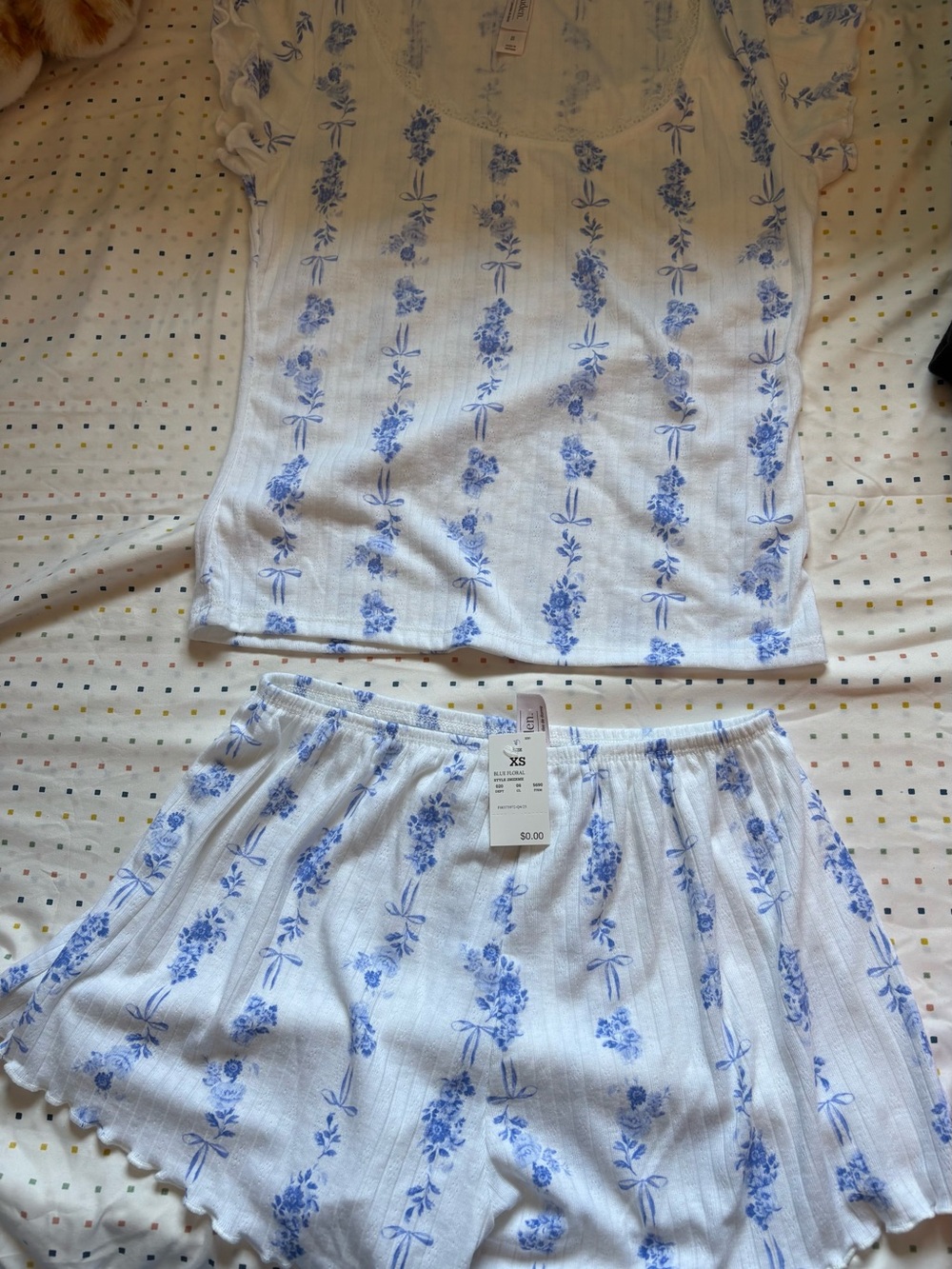 Blue Floral Ribbed Sleep Set - XS